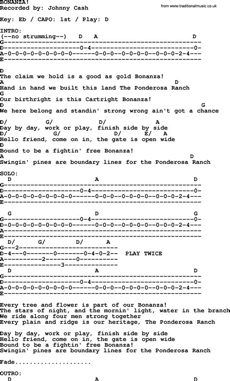 Johnny Cash song: Bonanza!, lyrics and chords