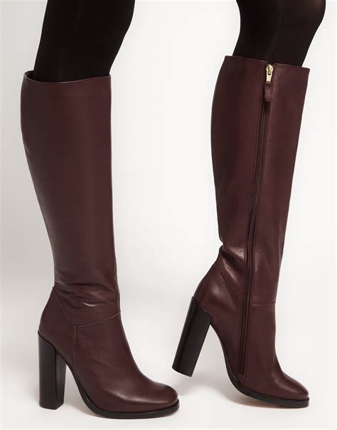 Asos Cinnamon Leather Knee High Boots In Burgundy Brown Lyst