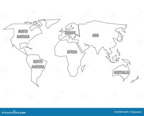 Uproszczony Czarny Kontur Dzielący Sześć Kontynentów światowa Mapa
