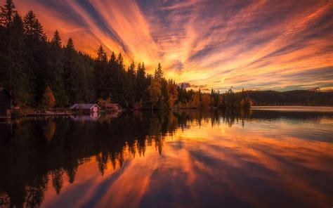 Sunset Scenery River Houses Trees Water Reflection