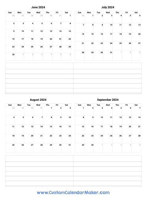 June To September 2024 Printable Calendar