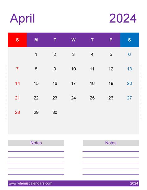 Printable Calendar Page April 2024 A4280