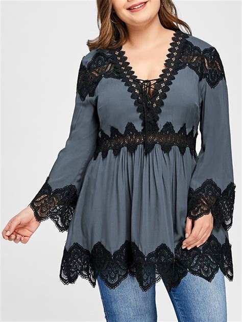 Photo Gallery Plus Size Lace Panel Long Sleeve Peplum