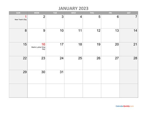 January Calendar 2023 With Holidays Calendar Quickly