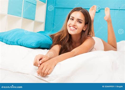 Brunette Woman On Her Bed Stock Image Image Of Attractive