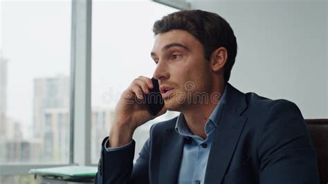 Office Employee Talking Smartphone Closeup Smiling Sales Manager