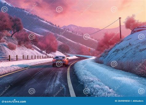 Car Driving On Snowy Mountain Road At Sunrise Stock Illustration