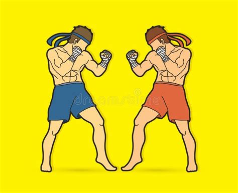 Muay Thai Fighting Thai Boxing Jumping To Attack Cartoon Graphic