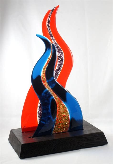 Hand Made Fused Glass Sculpture With Wooden Base By J M Fusions Llc