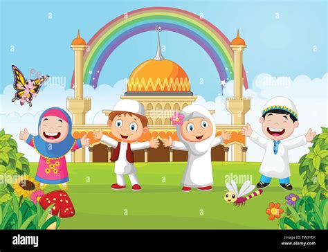 Cartoon Happy Kid Muslim With Rainbow Stock Vector Image And Art Alamy