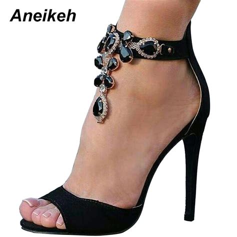 Aneikeh Black Crystal Women Embellished Suede Leather High Heel Sandals Sexy Peep Toe Ankle