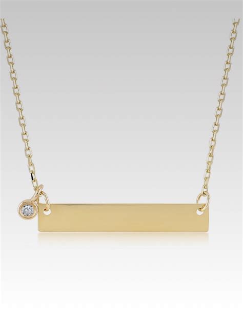 14k Gold Engravable Bar Necklace With Round Diamond 14k Gold Etsy