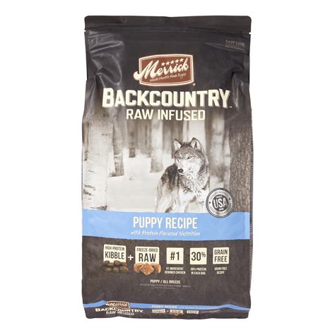 This brand offers a few protein combinations like beef frittata. Merrick Backcountry Grain-Free Raw Infused Puppy Recipe ...