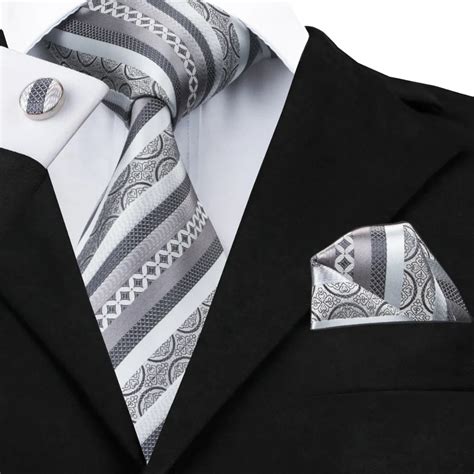 2017 Fashion Dimgrayandsilver Stripe Tie Hanky Cufflinks 100 Silk