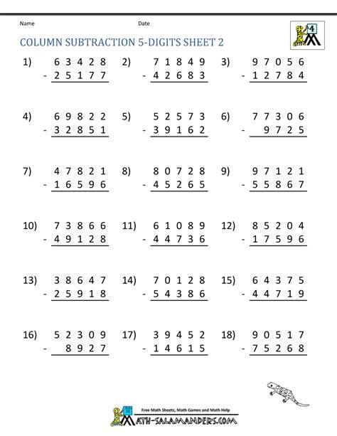 Acquaint young students with addition, subtraction, multiplication and division of integers with this set of printable worksheets featuring integers up to 20. 5 Digit Subtraction Worksheets