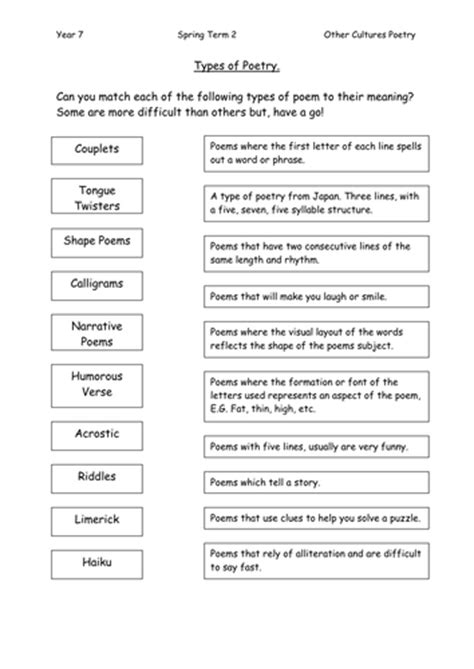 Types Of Poem Matching Exercise Teaching Resources