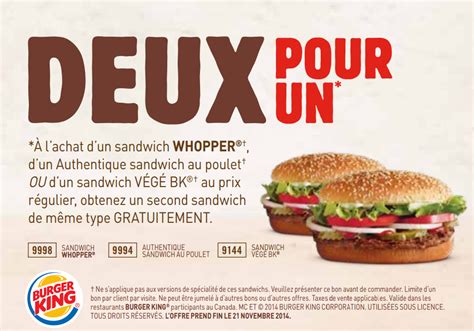 Get 60% off + more at burger king with 4 coupons, promo codes, & deals from giving assistant. Coupon rabais Burger King (avant le 21 novembre 2014 ...