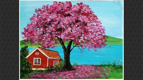 How To Draw Spring Season Landscape Painting With Cherry Blossom Tree