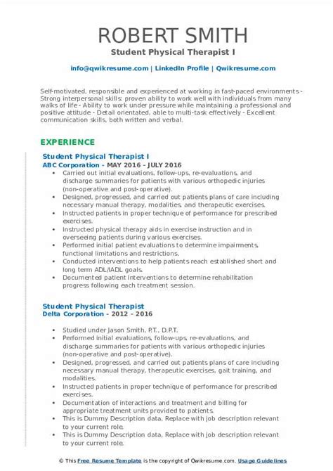student physical therapist resume samples qwikresume
