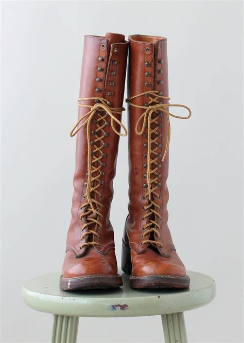 Vintage 1970s Brown Leather Tall Lace Up Boots Raleigh Vintage