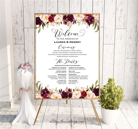 Printable Burgundy Wedding Program Board Sign Template Etsy