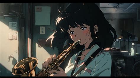 Premium Ai Image Anime Girl Playing A Saxophone In A Room With A