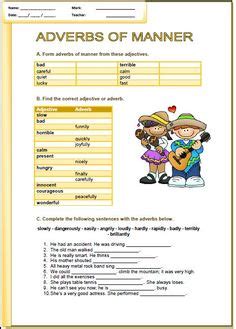 Useful for english grammar, language arts, or esl/efl.it has an introduction, guided practice and indepedent exercises with answers.perfect for adverbs of manner lesson. Adverbs (of manner, time, place and frequency) | Teaching lessons and Grammar | English grammar ...