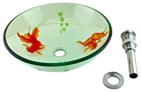 The red vessel sink sits a top a tumbled travertine counter top. Tempered Glass Vessel Sink Koi Fish with Drain ...