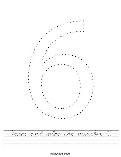 Trace And Color The Number 6 Worksheet Cursive Twisty Noodle