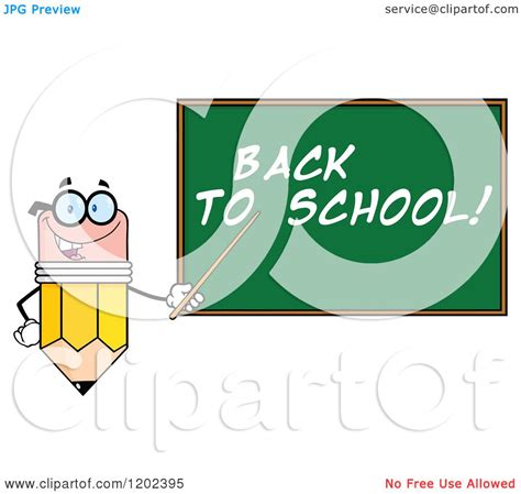 Cartoon Of A Pencil Teacher Mascot Using A Pointer Stick By A Back To