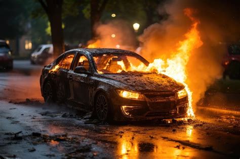 Premium Ai Image The Condition Of The Car Burning On The Road Professional Advertising Photography