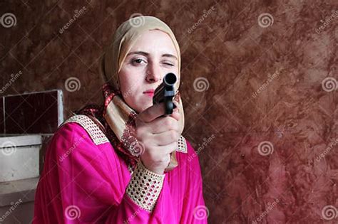 Arab Muslim Woman With Pistol Stock Image Image Of Mercy Shoot 75865695