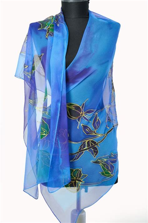Hand Painted Silk Scarfpainting Silkblue Floral Silk Chiffon Etsy