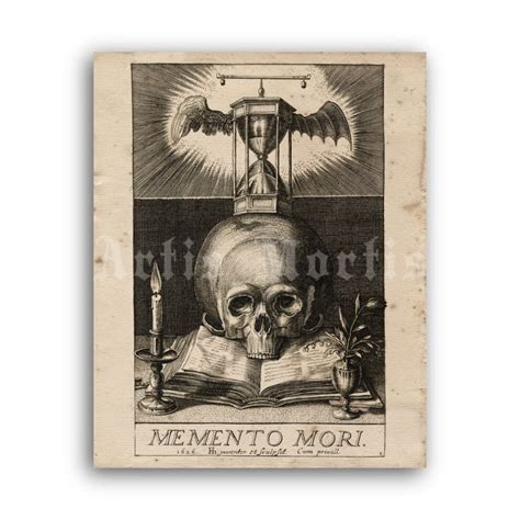 Printable Memento Mori Skull And Hourglass Medieval Engraving Art