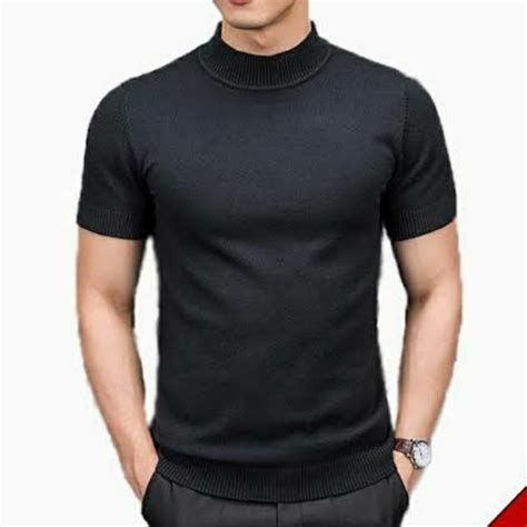 Premium Black Short Sleeve Turtleneck Mens T Shirt High Collar Short