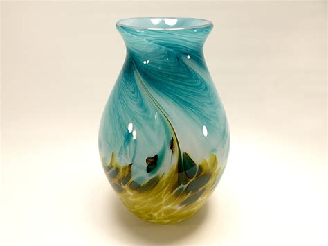 Hand Blown Art Glass Vase In Bright Teal Blue And Olive Green Etsy