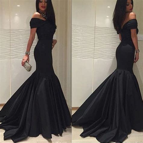Simple Design Off Shoulder Black Satin Long Mermaid Prom Dresses Bg0076 Long Black Evening