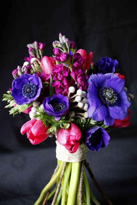 Jewel Toned Fresh Bouquet Designed With Blue Anemones Silver Brunia