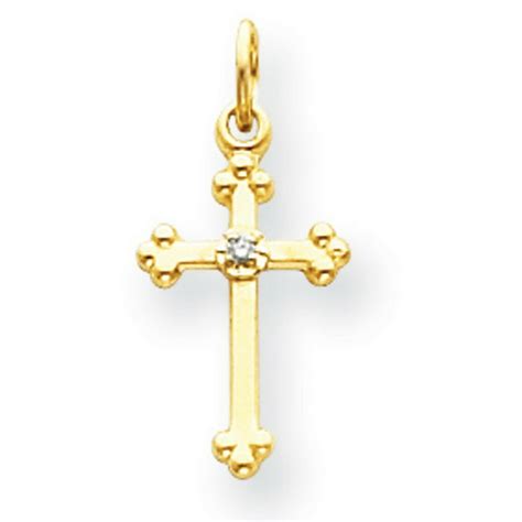 Jewelryweb 14k Yellow Gold 12 Pt Diamond Small Budded Cross Pendant