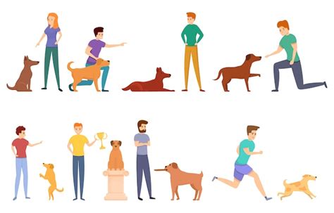 Premium Vector Dog Handler Icons Set Cartoon Style