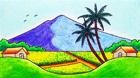 How To Draw Easy Village Scenery And Beautiful Rice Field Drawing With