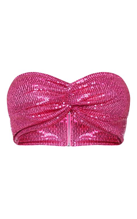 Shape Hot Pink Sequin Twist Front Bandeau Crop Top Prettylittlething