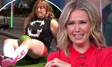 sunrise newsreader edwina bartholomew loses it over woman crushing watermelons with her thighs