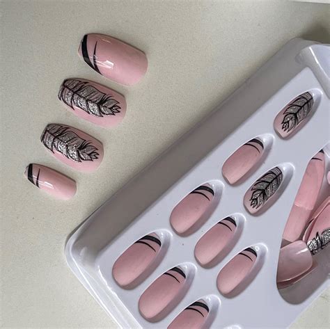 24pcsset Coffin Fake Nails Press On Pink False Nail Tips Pre Designed Gold False Nail