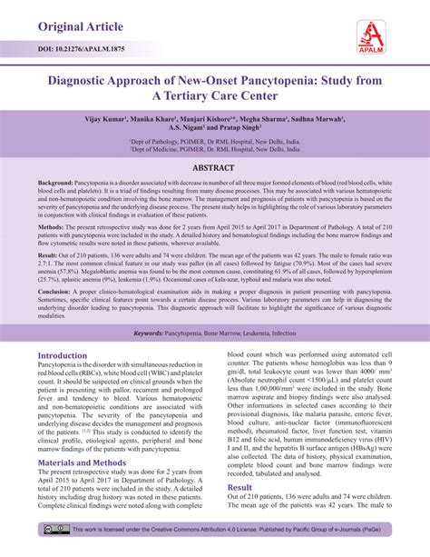 PDF Diagnostic Approach Of New Onset Pancytopenia Study From A