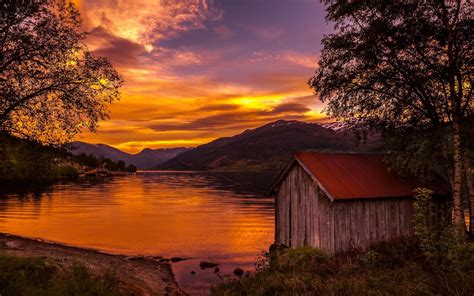 Nature Landscape Boathouses Lake Sunset Norway Trees
