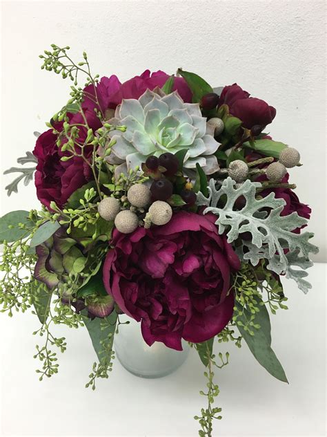 Jewel Toned Winter Bridal Bouquet With Wine Peonies Succulents Brunia