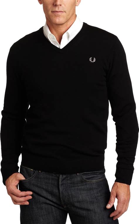 Fred Perry Merino Wool V Neck Jumper Black With Laurel Logo Xx Large Uk Clothing