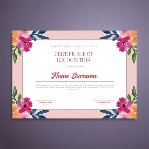 Watercolor Floral Certificate Template Design Premium Vector