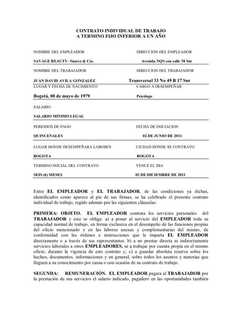 Contrato Individual De Trabajo Pdf Derecho Laboral Bogotá